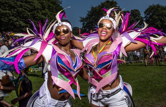 two Caribbean women in Carnival costume