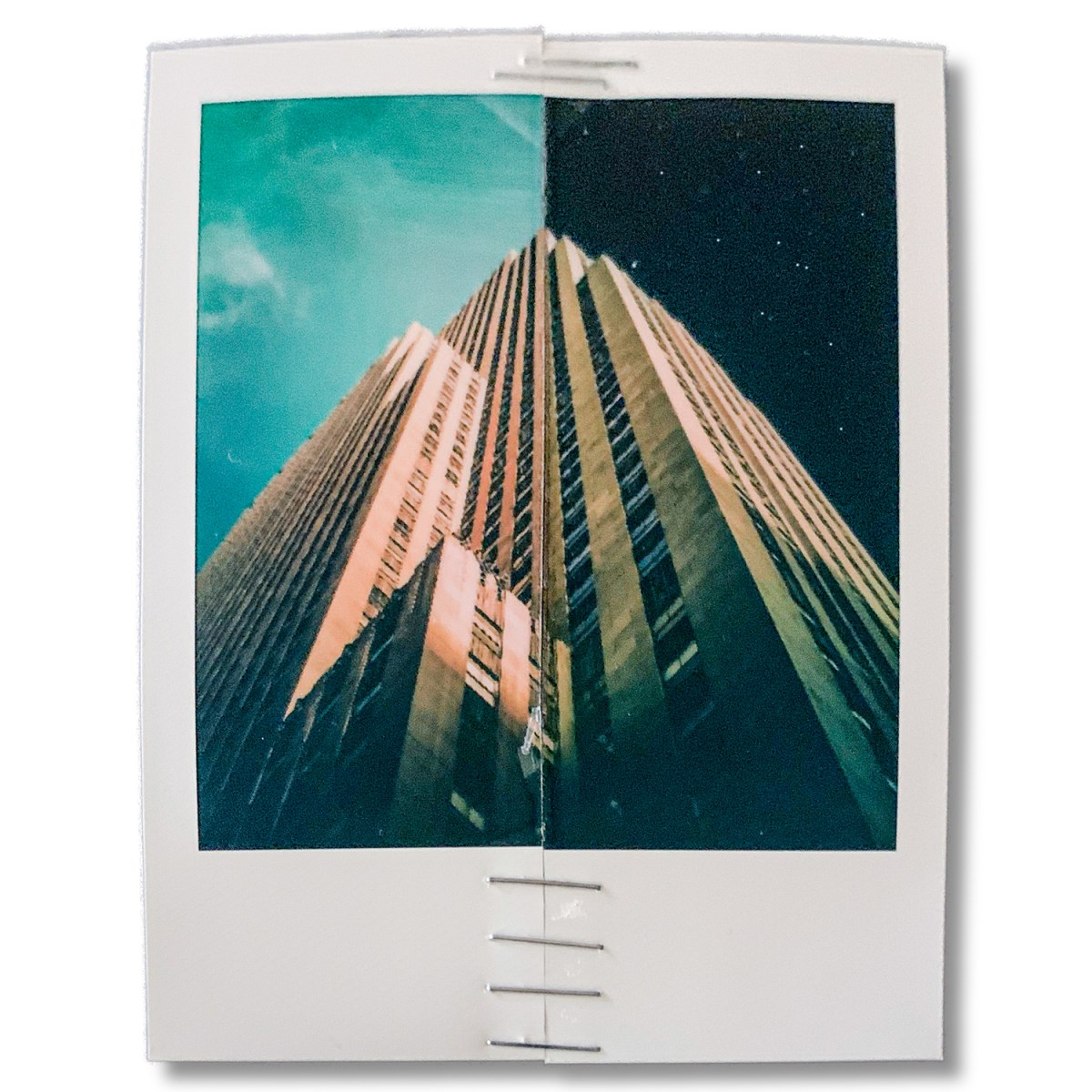 Polaroid photo collage of a skyscraper by day and by night, symmetrically put together as two halves into one cohernt image